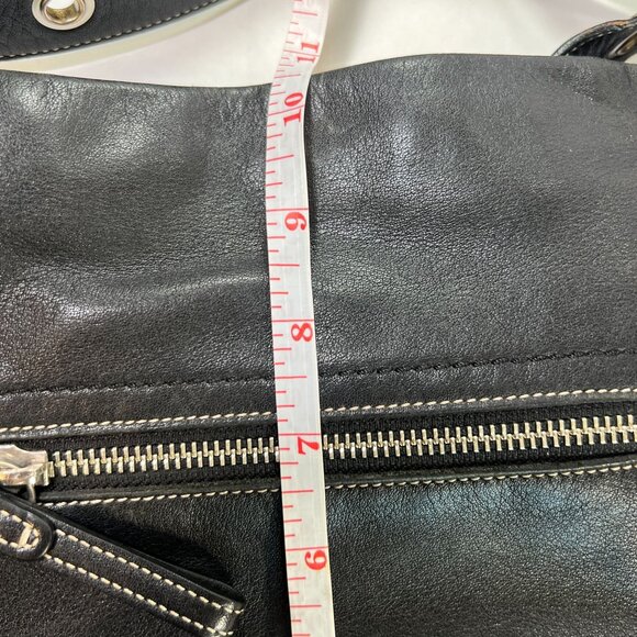 COA Coach Black Leather Shoulder Bag Tote Purse Duffle Tassel White Stitch Fring - Picture 10 of 15